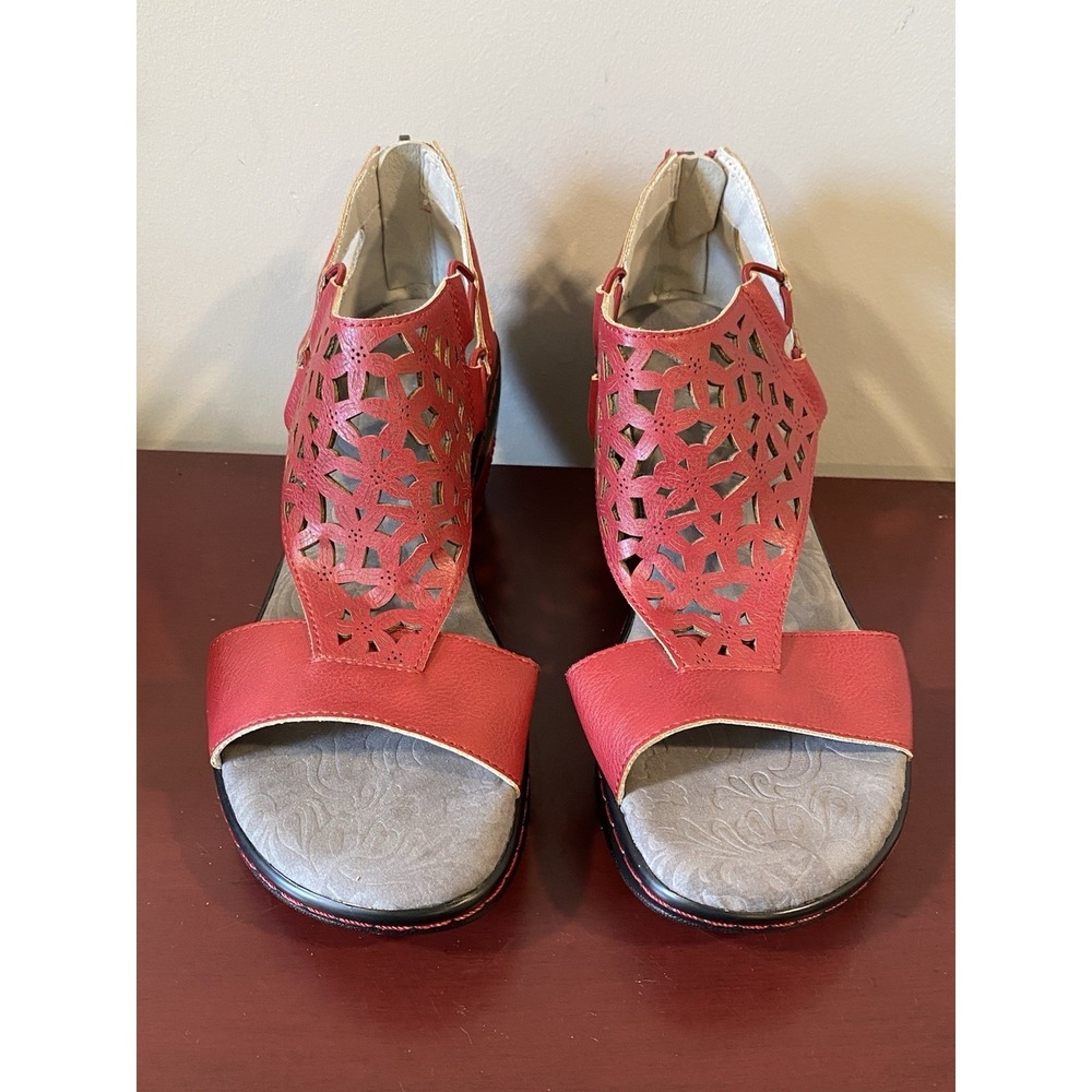 JBU by Jambu Isla 6.5 Red Vegan Wedge Heel Sandal Perforated Floral Design